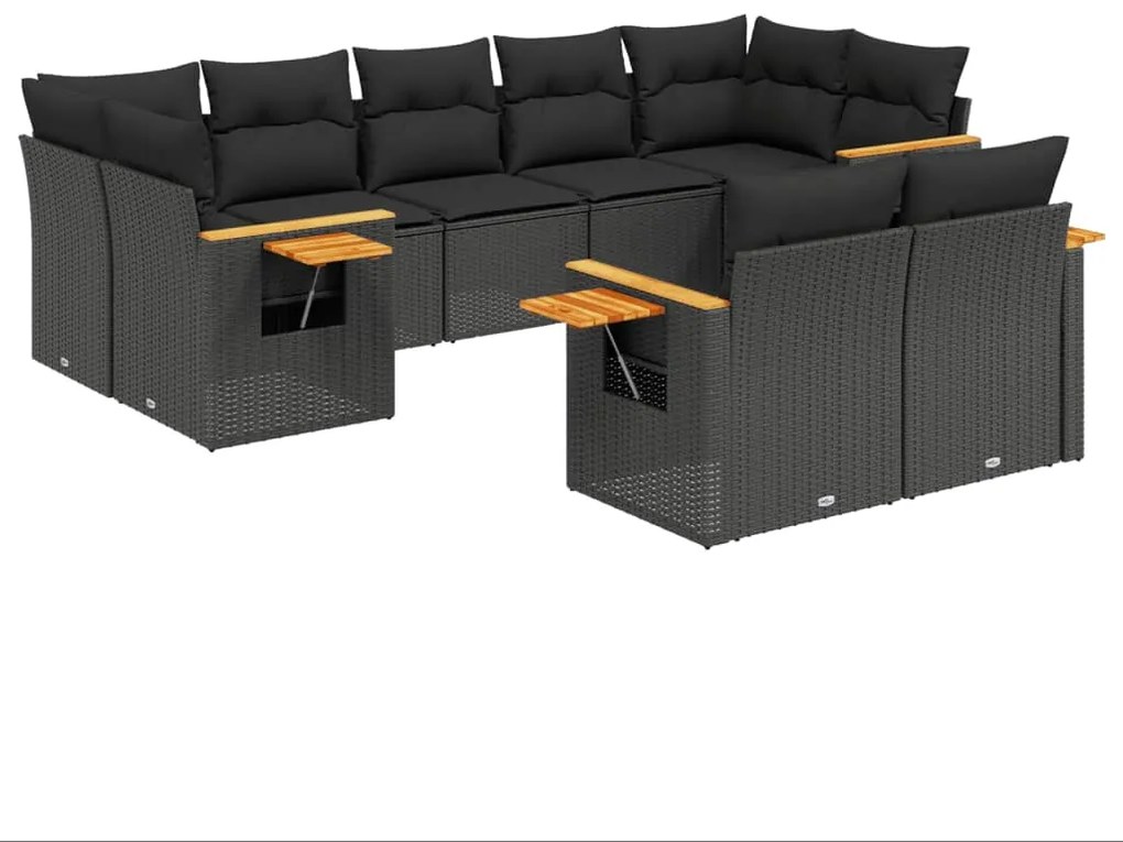 3259528 vidaXL Set mobilier de grădină cu perne, 9 piese, negru, poliratan