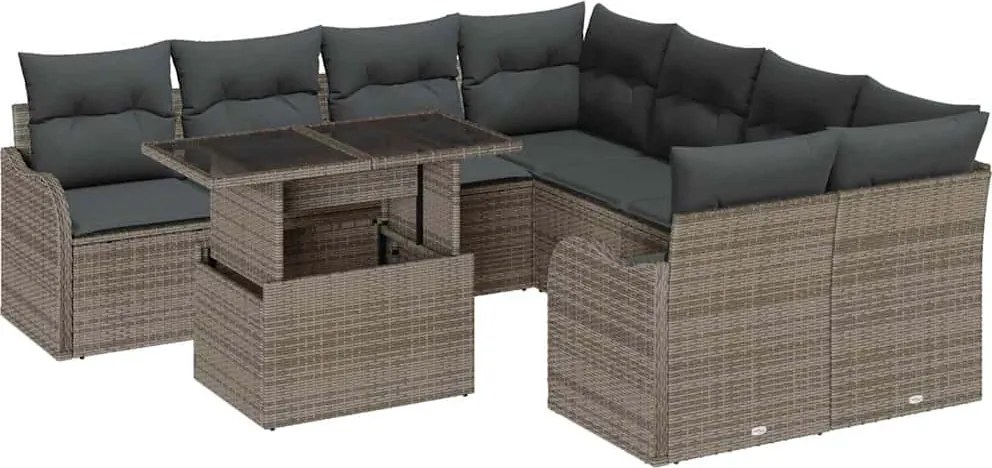 vidaXL Set de canapele pentru grădină cu pernă 9 pcs Gri Rattan poli