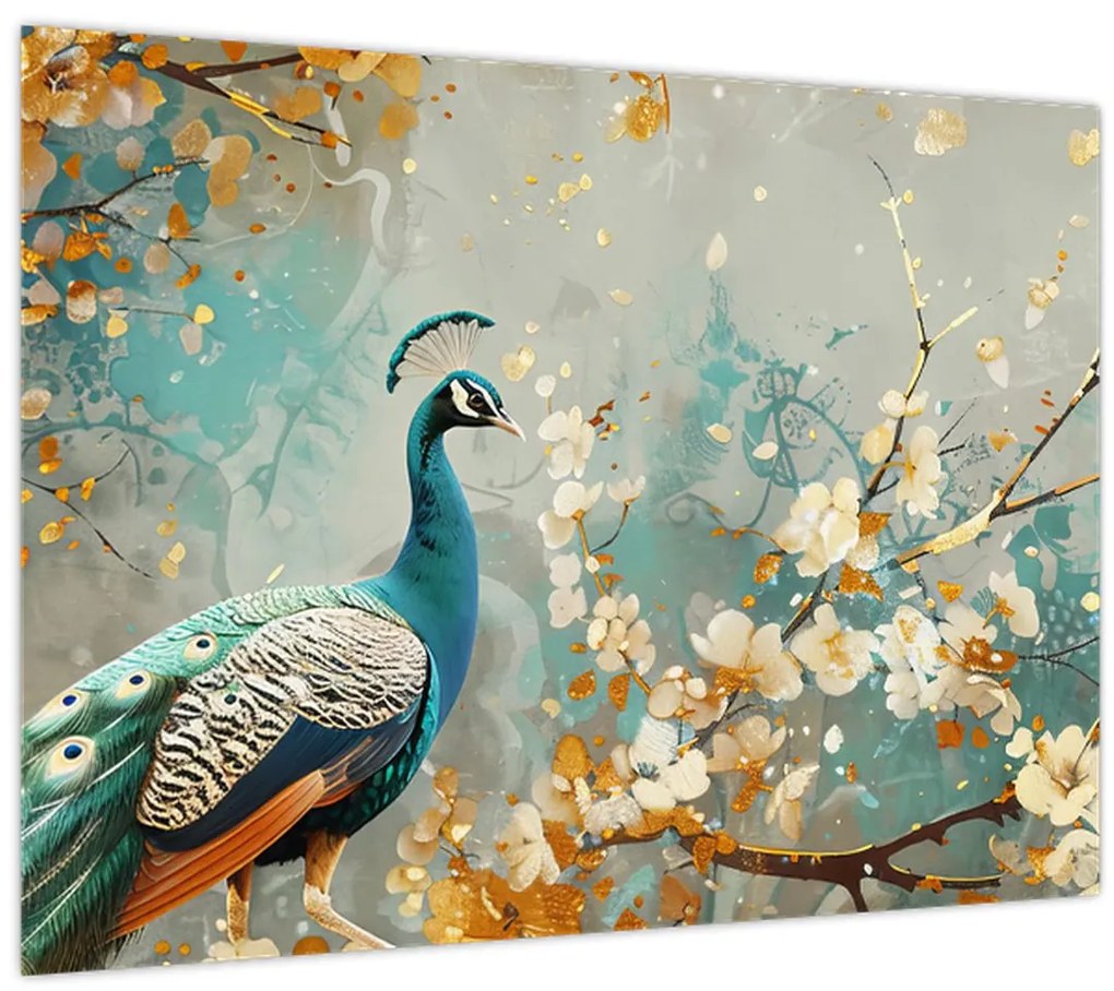 Tablou pe sticlă - Păun cu decor de aur (70x50 cm)