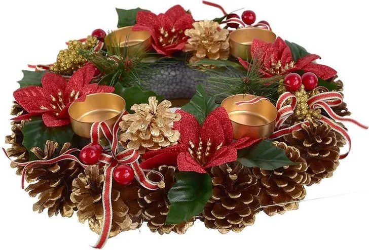 Dommio Coroniţă de Advent din conuri POINSETTIA cu fundiţe, 30 cm