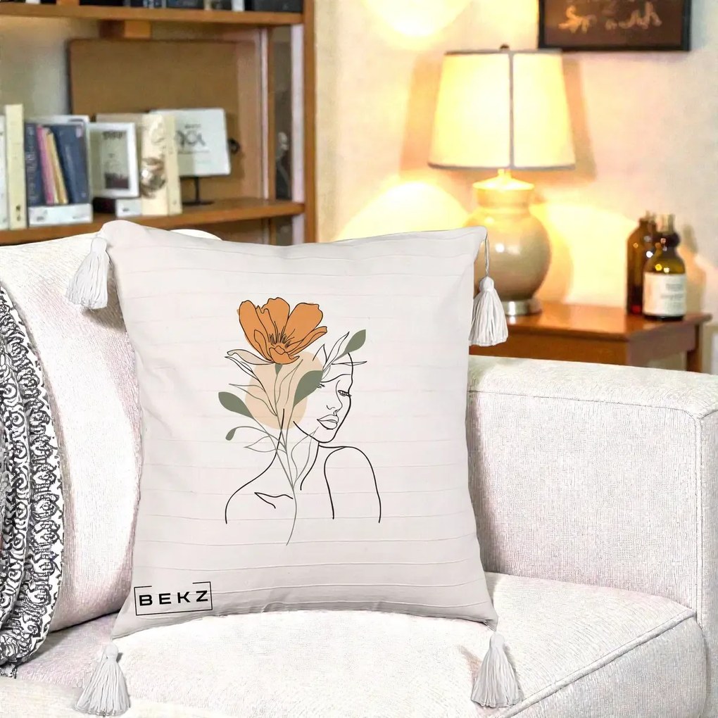 Perna Decorativa Portret Feminin Floare Portocalie, 40x40 cm, Bej cu Franjuri, Husa Detasabila, Perna Inclusa, BEKZ®