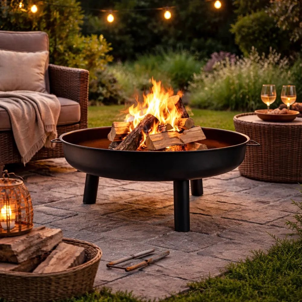 Șemineu de grădină 80 cm - șemineu de grădină mare pentru lemn cu mânere