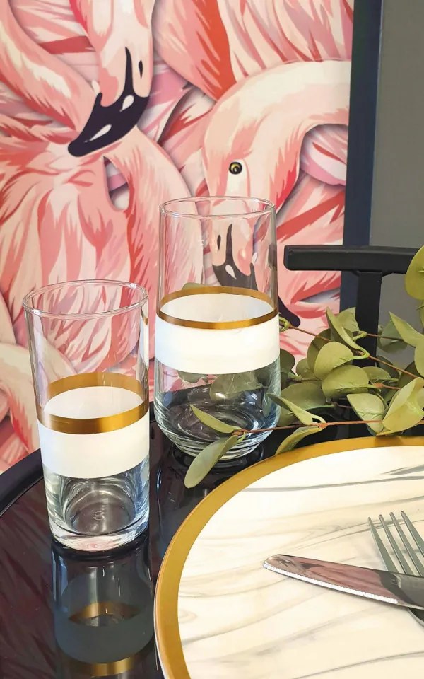 Set 6 Pahare 225 ml, Sticla, SNW0008, Transparent / Auriu
