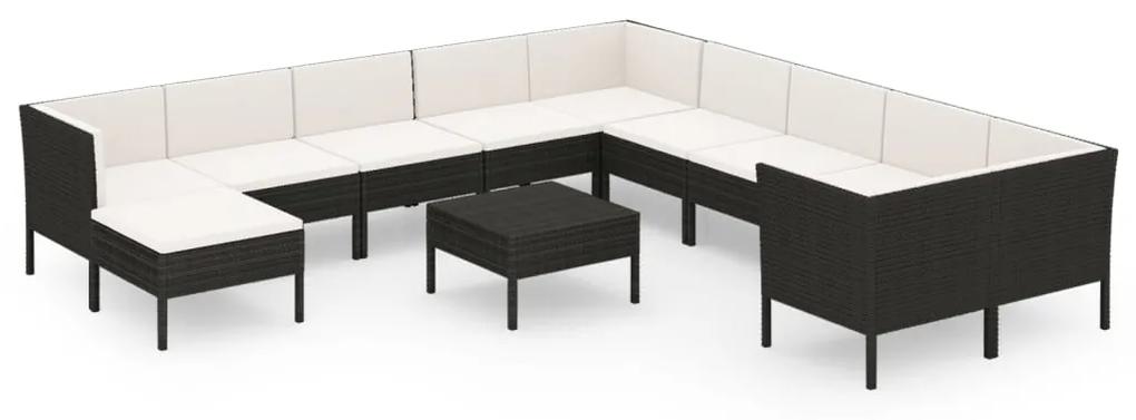 Set mobilier de gradina cu perne, 12 piese, negru, poliratan 6x mijloc + 4x colt + suport pentru picioare + masa, 1