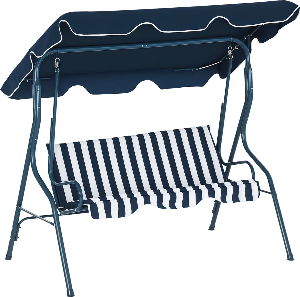 Outsunny Balansoar de Grădină 3 Locuri Acoperiș impermeabil Înclinare reglabilă Perne Șezut Spătar Albastru alb în dungi | Aosom Romania