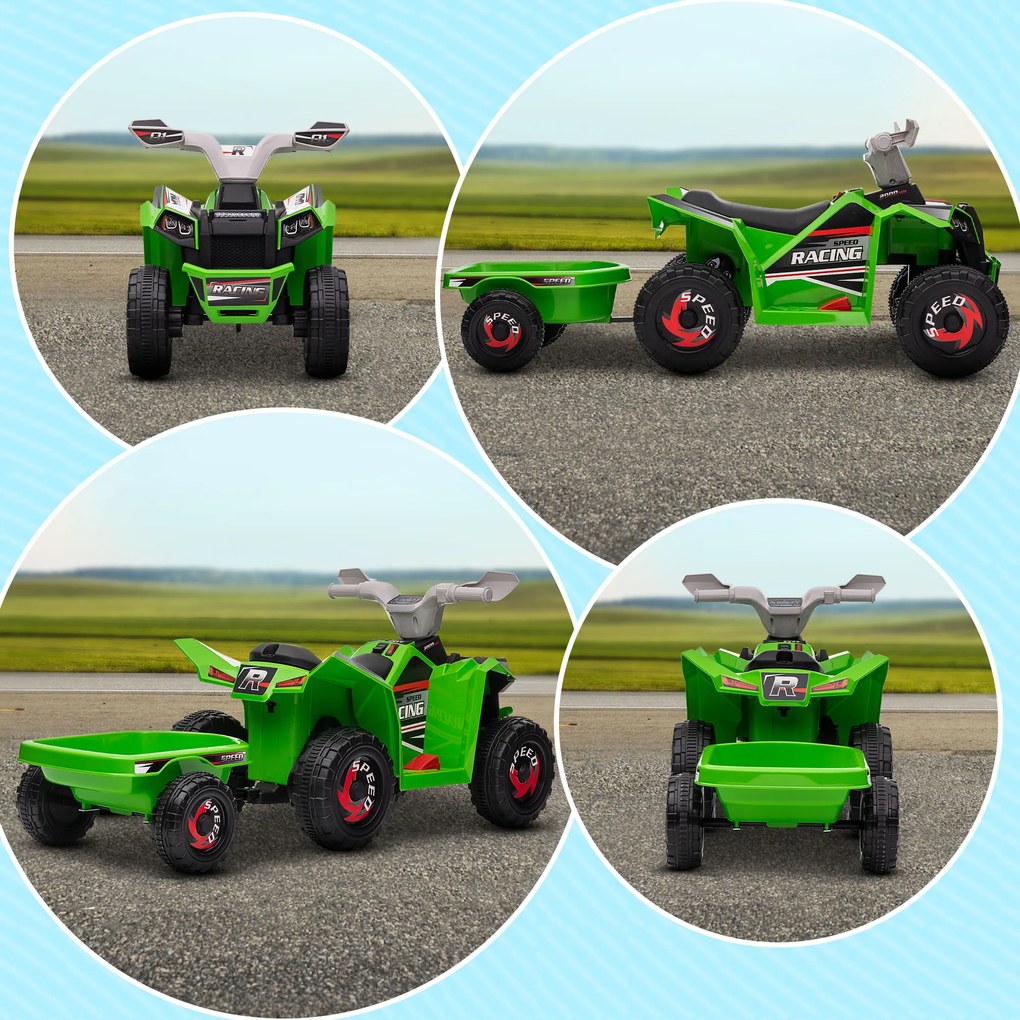 HOMCOM ATV Electric pentru Copii cu Remorcă, Pedală, Mers Înainte și Înapoi, 2,5 km/h, 18-36 Luni, Verde | Aosom Romania