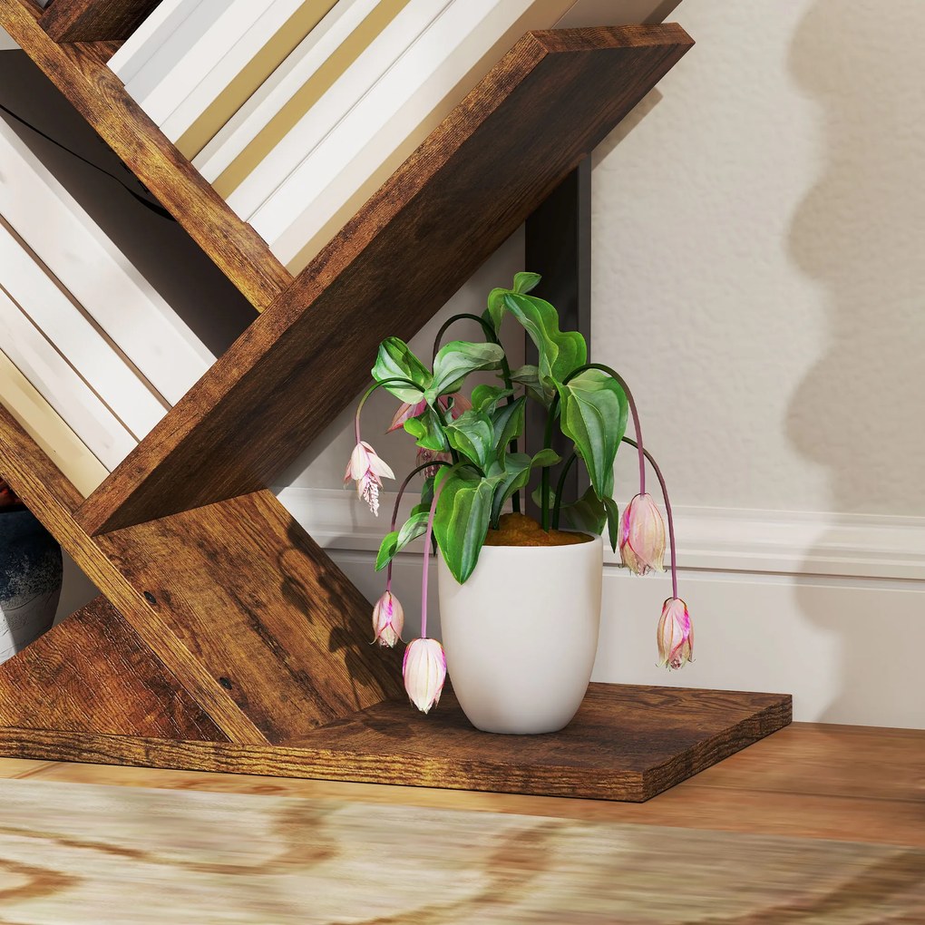 HOMCOM Bibliotecă în formă de copac cu 9 niveluri, corp de depozitare industrial cu cadru din oțel, 50x24x136cm, Maro rustic | Aosom Romania