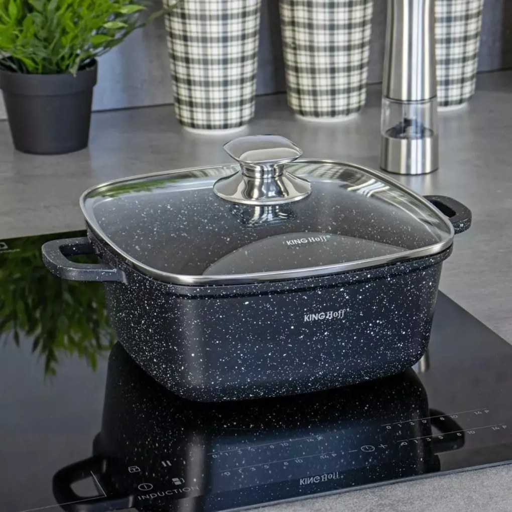 Oală pătrată cu capac 20x20 cm, 2.8L – Kinghoff KH 1601, neagră, cu strat antiaderent din marmură, compatibilă cu inducție
