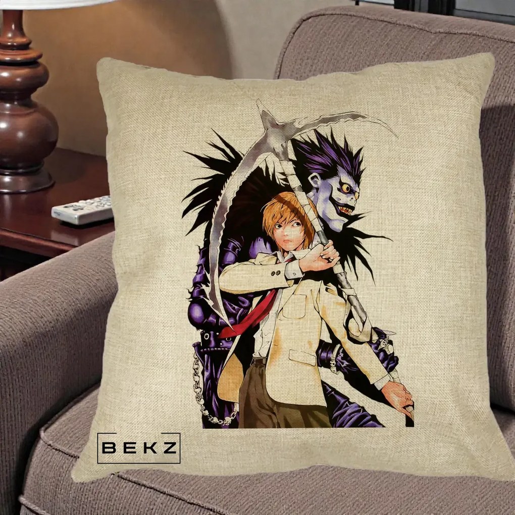 Perna Personalizata Death Note Light si Ryuk Duo, 40x40 cm, Crem, Husa Detasabila, Perna Inclusa, BEKZ®