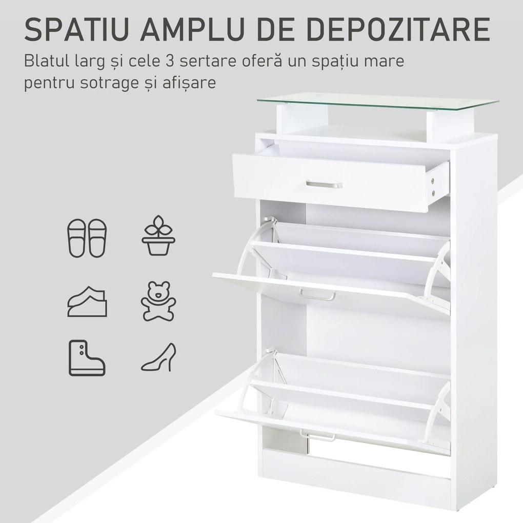 HOMCOM Dulap pentru Pantofi cu 2 Uși pe 2 Niveluri, Sertar și Raft din Sticlă, Dulap pentru Pantofi, 60x24x105,5 cm, Alb | Aosom Romania