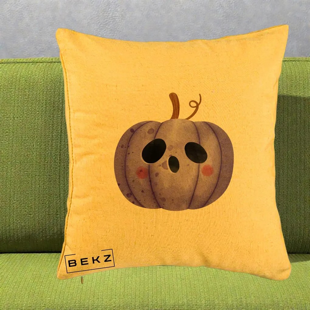 Perna Decorativa Dovleac Halloween Mov Kawaii, 40x40 cm, Galben, Husa Detasabila, Perna Inclusa, BEKZ®