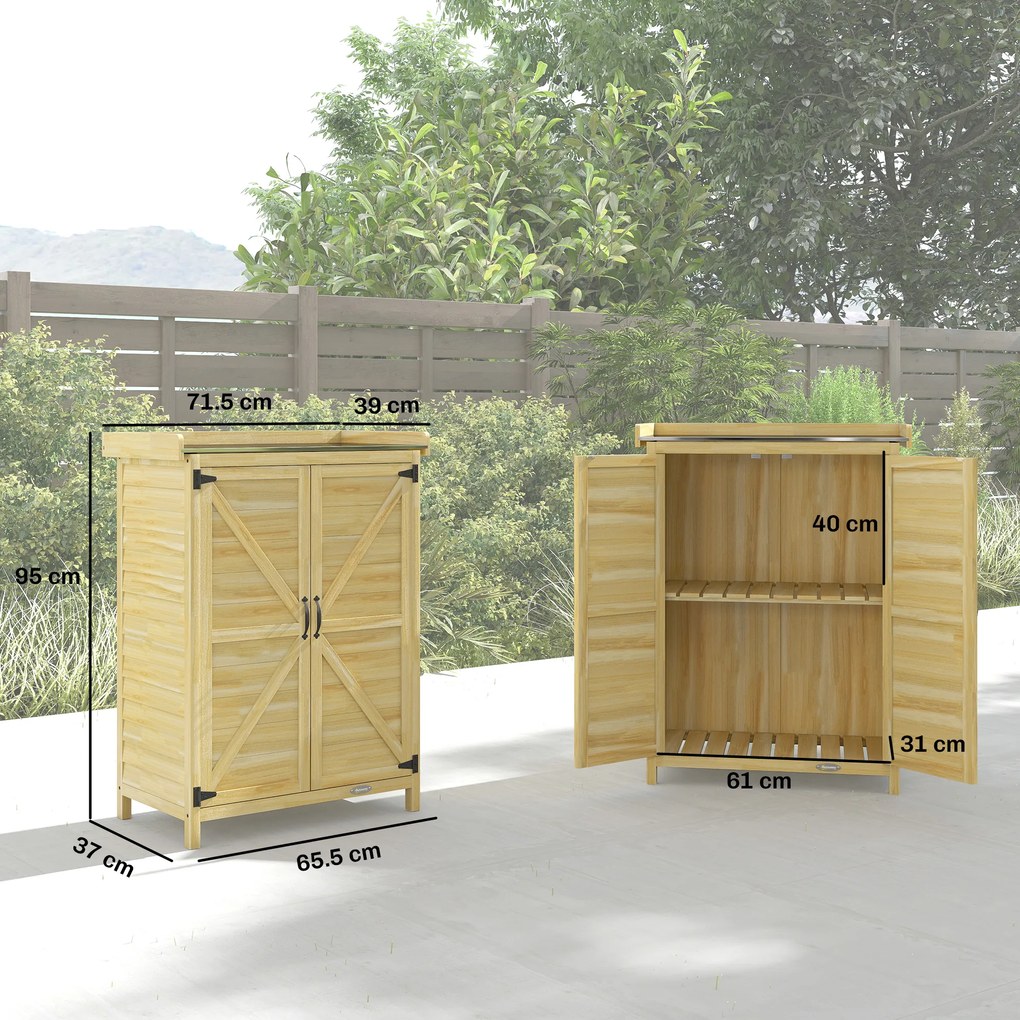 Outsunny Căsuță de Grădină din Lemn de Molid cu Rafturi și Cârlige Laterale, Dulap de Grădină cu Uși Duble și Blat de Lucru din Metal Zincat pentru Terasă, 71,5x39x95cm, Naturală | Aosom Romania