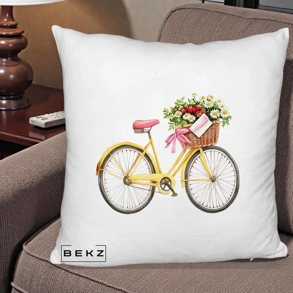 Perna Decorativa Bicicleta Galbena cu Cos de Flori Primavara, 40x40 cm, Alb Pufos, Husa Detasabila, Perna Inclusa, BEKZ®