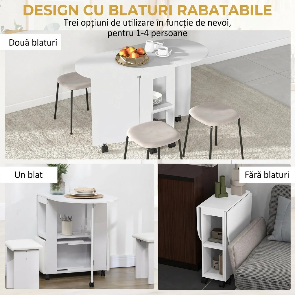 HOMCOM Masă pliabilă de dining pentru 2-4 persoane, 120x60x77 cm, cu 6 roți, 2 polițe, 2 extensii rabatabile, economisește spațiu, albă | Aosom Romania