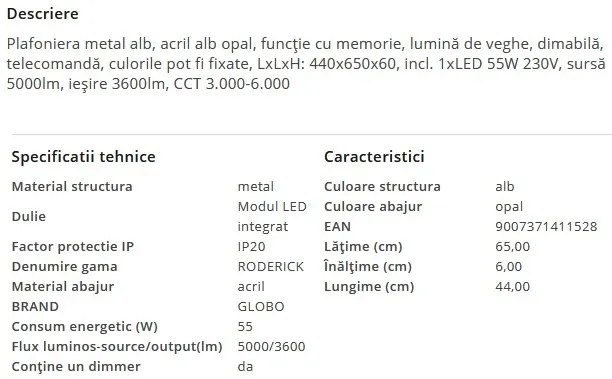 Plafoniera LED moderna cu telecomanda RODERICK 55W