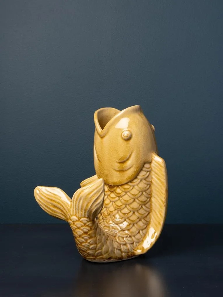 Vaza galbena, din ceramica, forma de peste, H20cm Stone
