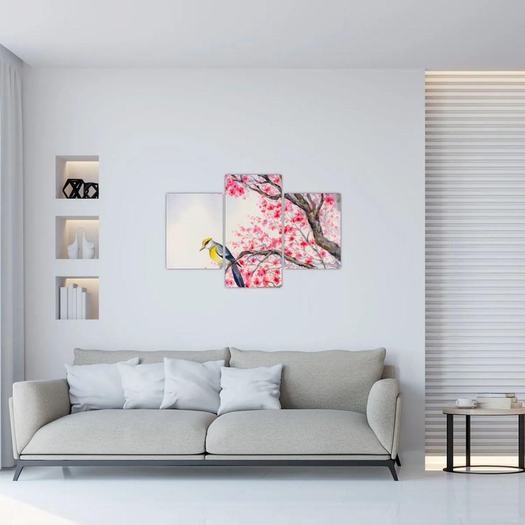 Tablou - Pasăre pe un copac cu flori roșii (90x60 cm)