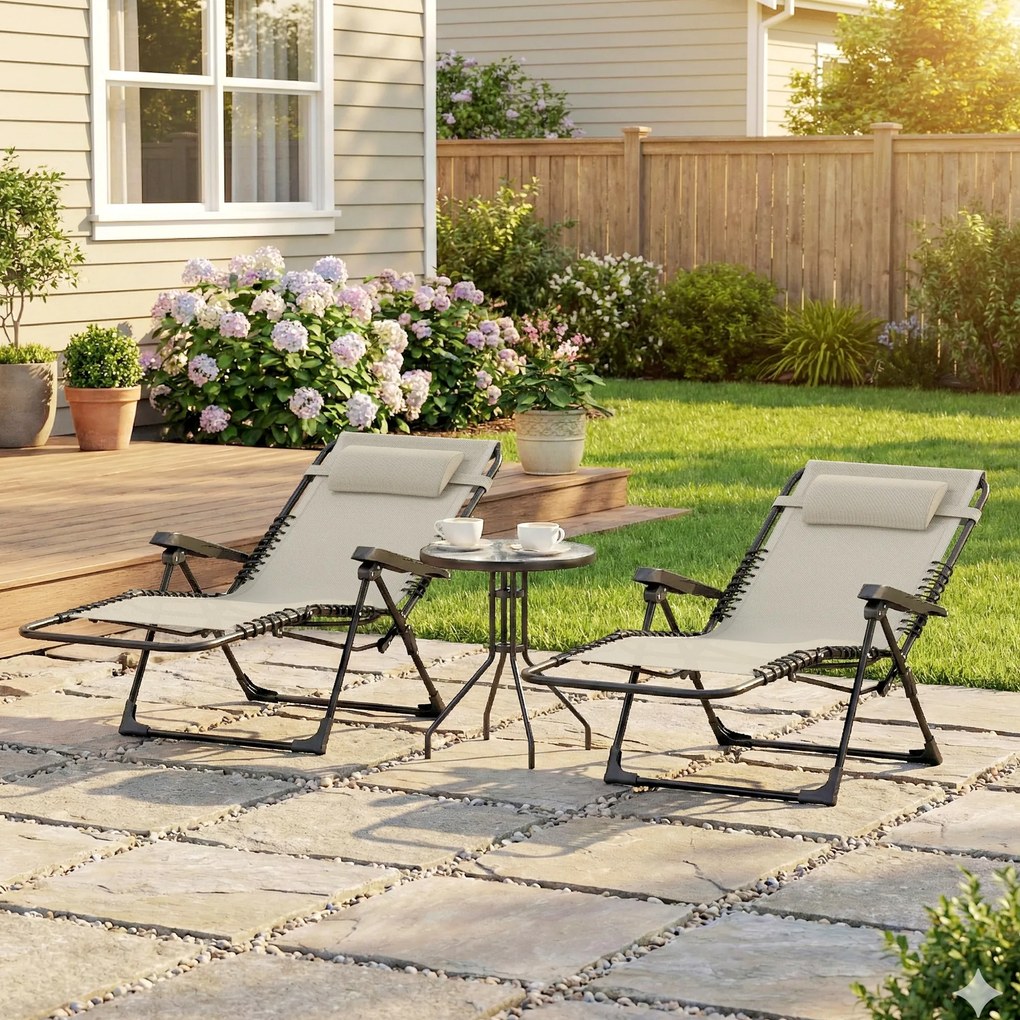 Outsunny Set de 2 șezlonguri, șezlong pliant reglabil cu tetieră din textilenă, 90 x 65 x 112 cm, bej | Aosom Romania