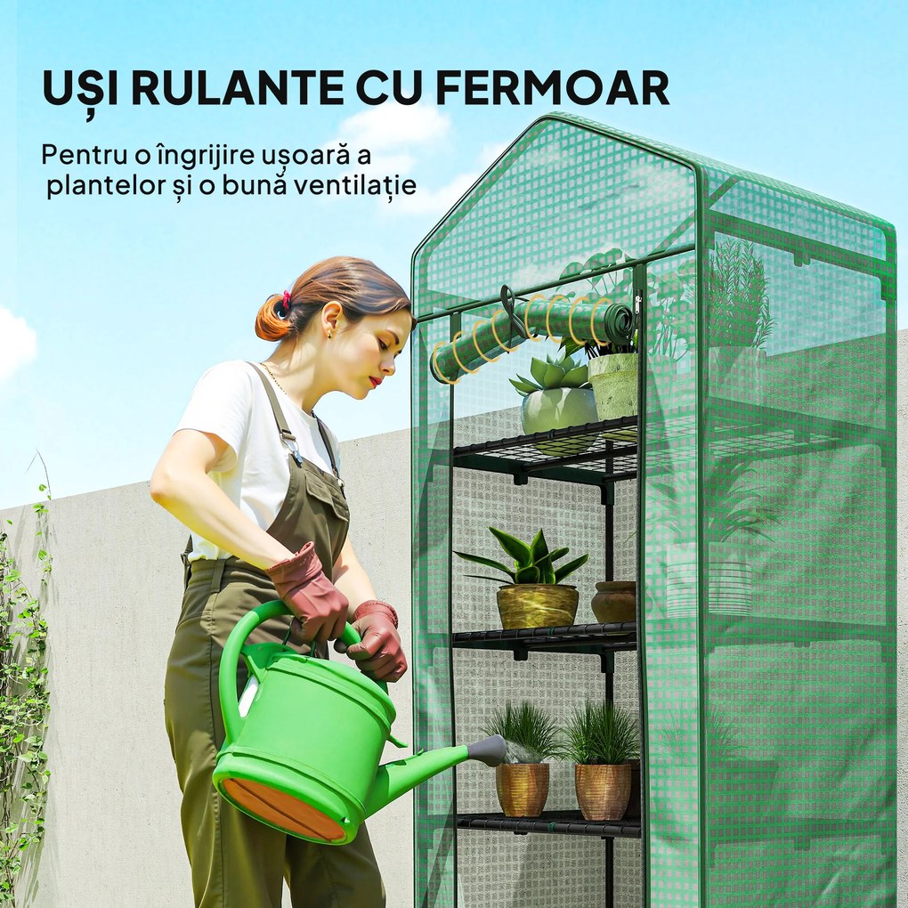 Outsunny Seră de grădină balcon etajere seră 5 niveluri 0,69 x 0,49 x 1,93 m oțel folie rulabilă PE verde | Aosom Romania