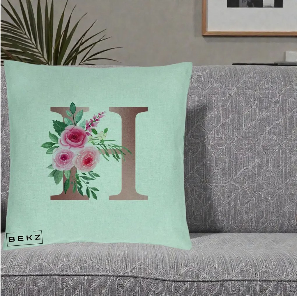 Cadou Personalizat - Perna Personalizata Monograma Rose Gold Litera H, 40x40 cm, Verde Menta, Husa Detasabila, Perna Inclusa, BEKZ®