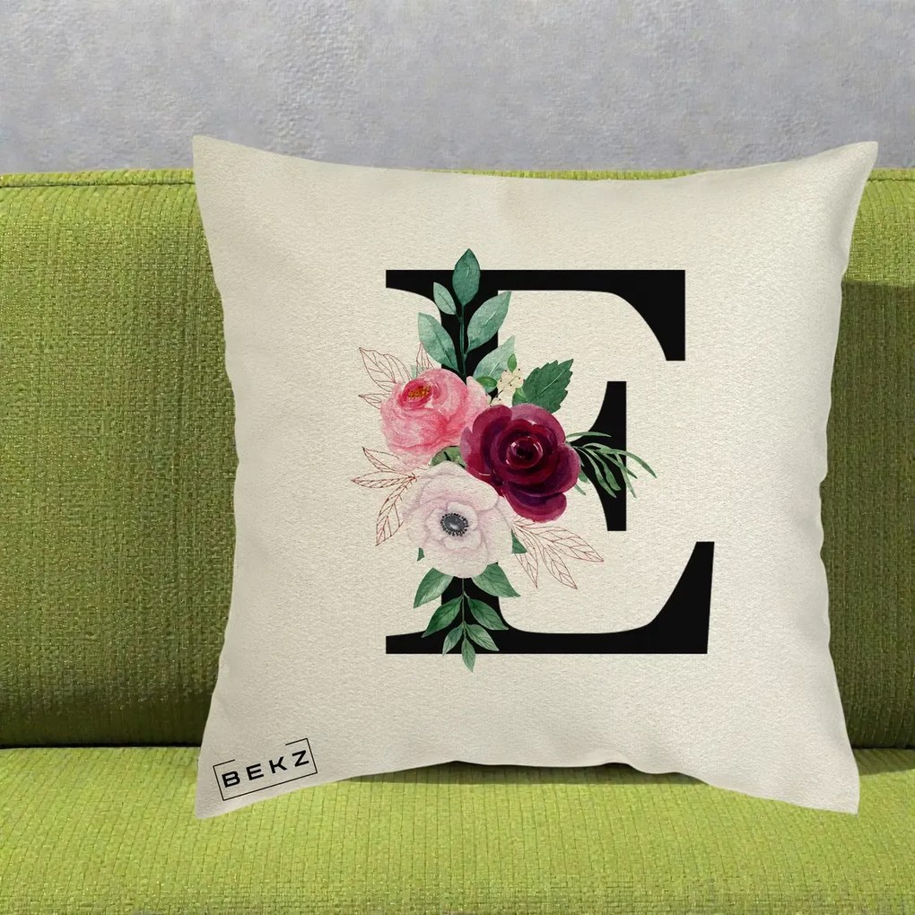 Cadou Personalizat - Perna Personalizata Monograma Florala Litera E, 40x40 cm, Ecru, Husa Detasabila, Perna Inclusa, BEKZ®