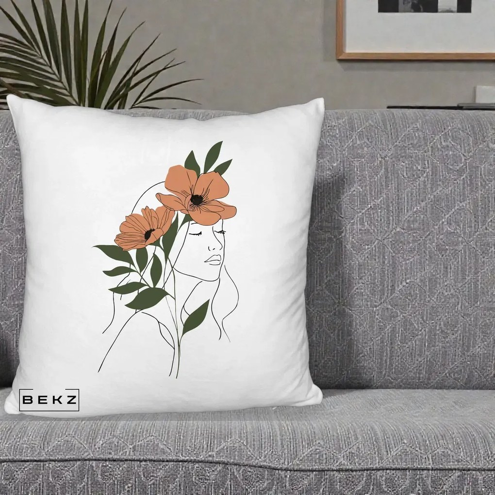 Perna Decorativa Portret Feminin Doua Maci Terracotta, 40x40 cm, Alb Pufos, Husa Detasabila, Perna Inclusa, BEKZ®