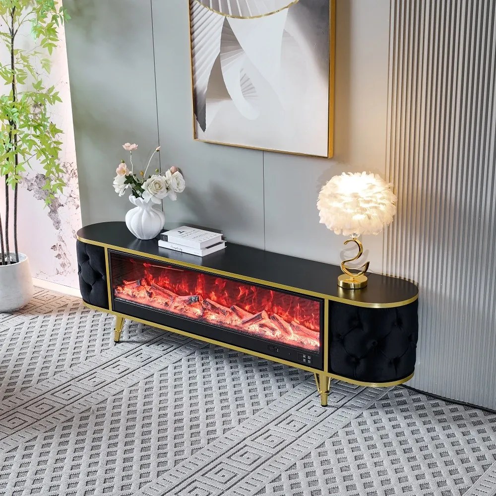 Șemineu electric cu efect LED realist cu 12 culori, Comodă TV cu design oval, control vocal și telecomandă, fără încălzire, 180 cm, Negru