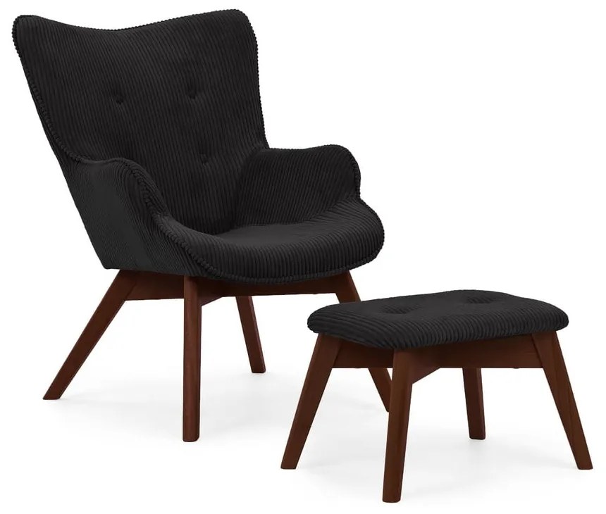 Fotoliu cu taburet negru cu tapițerie din catifea reiată Niko – Ropez