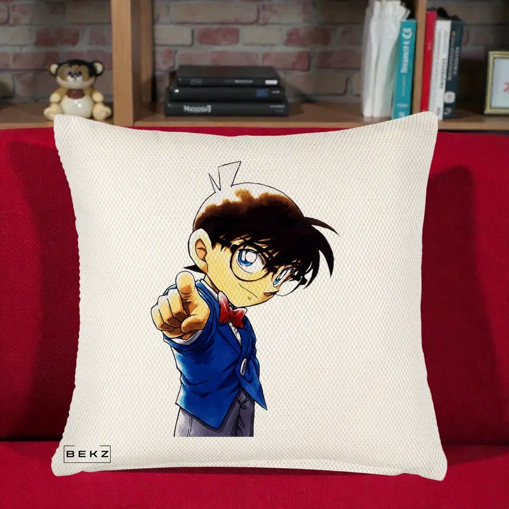 Perna Personalizata Detective Conan Conan Arata, 40x40 cm, Crem Reliefat, Husa Detasabila, Perna Inclusa, BEKZ®
