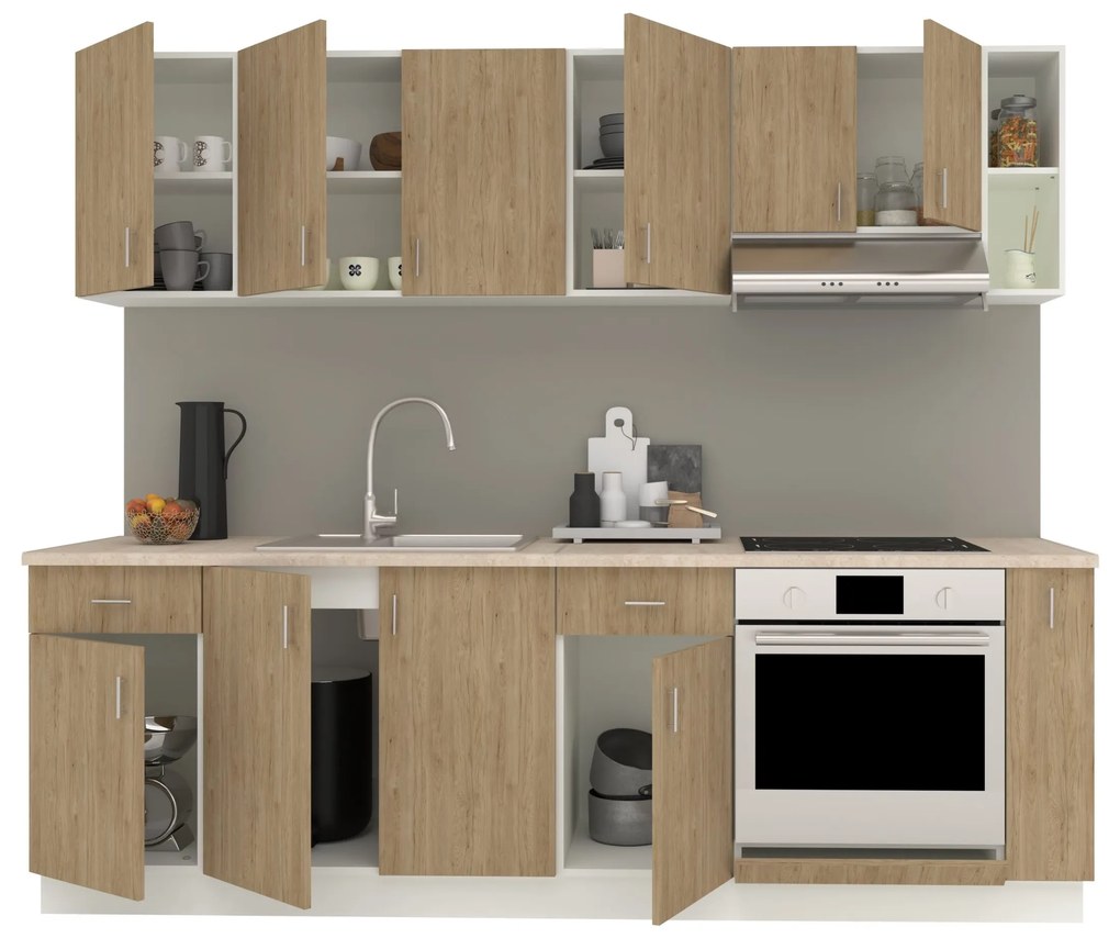 Set Bucatarie Karo V17, Lemn Natural/Alb, Blat Thermo 28 mm, L 240 cm