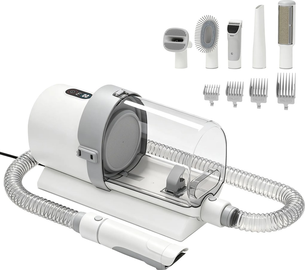 PawHut Kit de Toaletare pentru Câini și Pisici 5 în 1, cu Aspirator 10 kPa, Mașină de Tuns și Perie, Recipient 2,5 L, 3 Viteze, Silențios | Aosom Romania