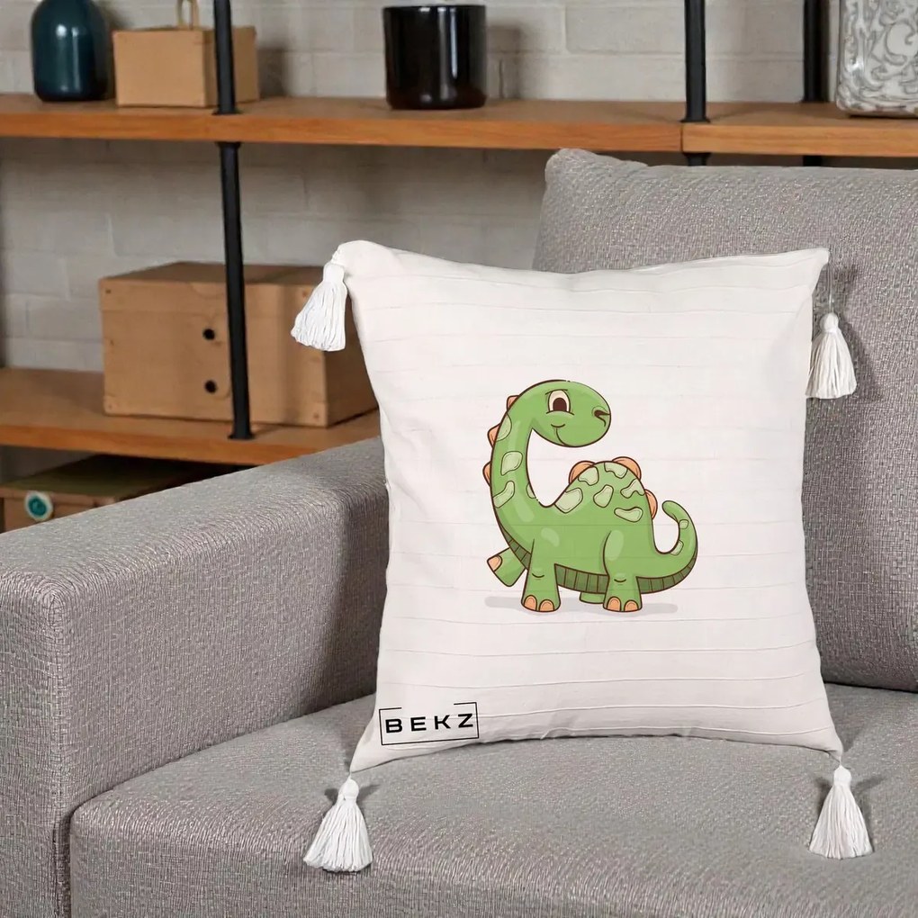 Perna Decorativa Brontosaur Verde Simpatic, 40x40 cm, Bej cu Franjuri, Husa Detasabila, Perna Inclusa, BEKZ®