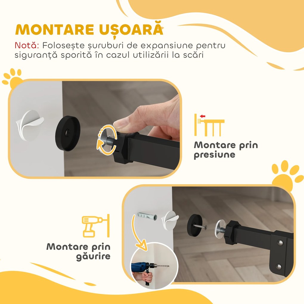PawHut Poartă Extensibilă pentru Câini fără Șuruburi, Poartă de Siguranță Reglabilă cu 2 Extensii, 68x72 cm, Negru | Aosom Romania