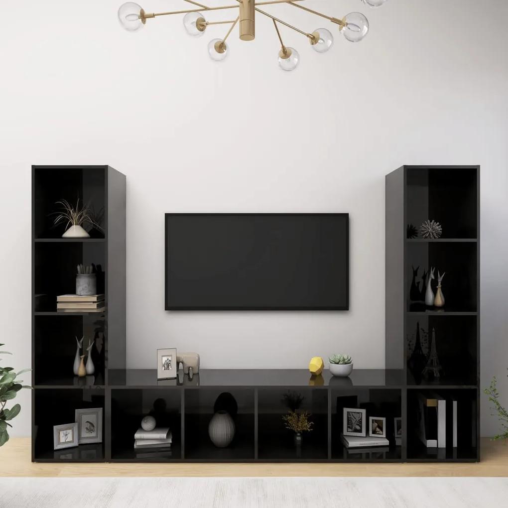 3079959 vidaXL Comode TV, 3 buc., negru extralucios, 142,5x35x36,5 cm, PAL
