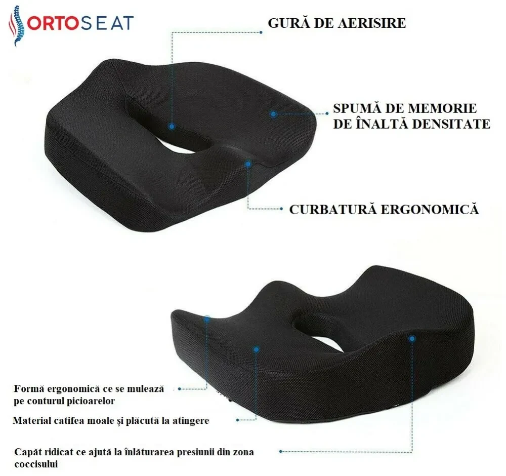 Pernă ortopedică pentru șezut, din spumă cu memorie și infuzie cu gel, ORTO COCCIS PLUS AERO-GEL B, fermitate NORMALĂ, Husă Mesh,