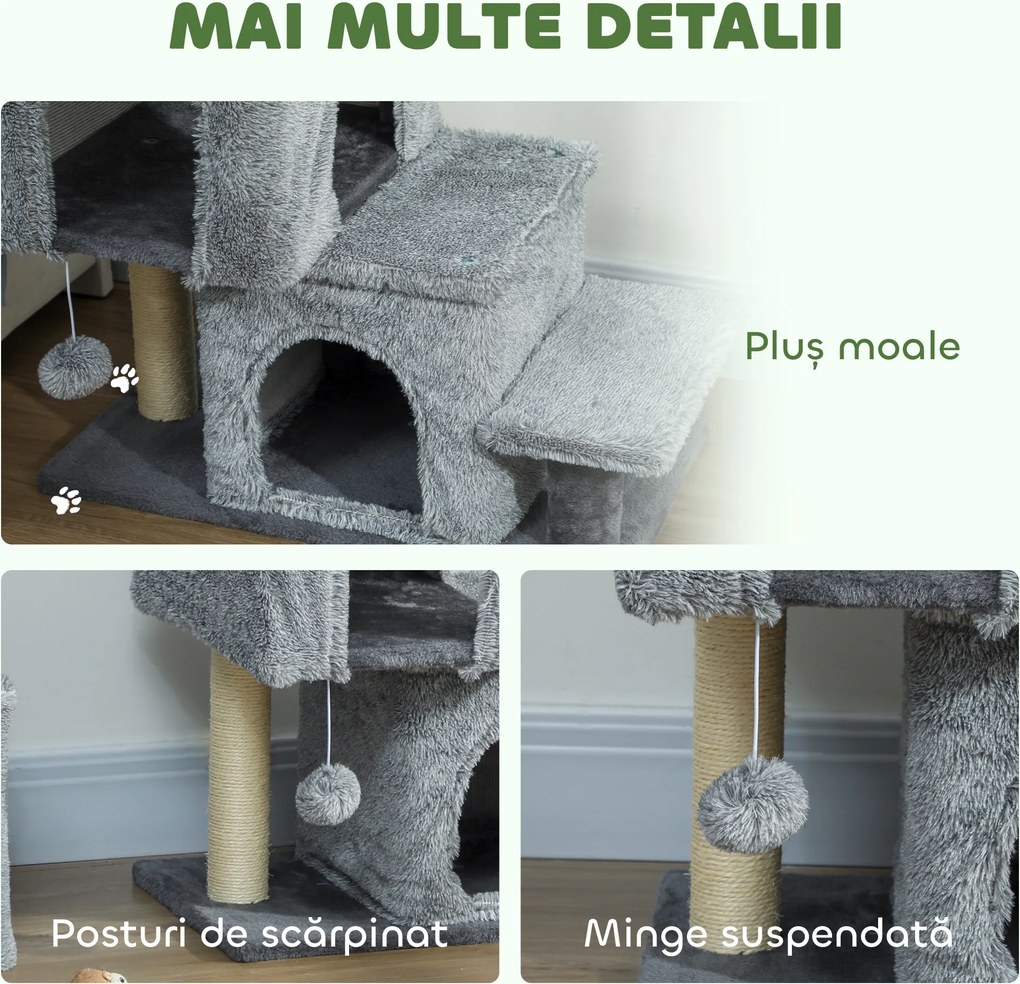 PawHut Scara pentru Pisici cu 4 Trepte Reglabile, 2 Căsuțe și Stâlp pentru Zgâriat Gri | Aosom Romania