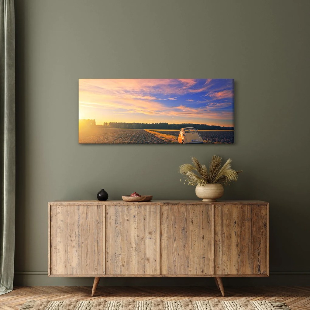 Tablou - Mașină galbenă ăn câmp (120x50 cm)