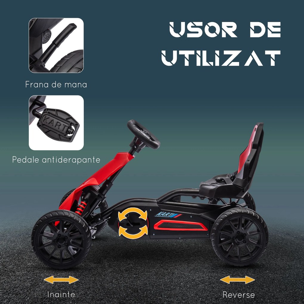 Kart cu pedale pentru copii cu vârsta între 3-8 ani cu scaun reglabil în 4 poziții și roți EVA, 100x58x58,5cm roșu și negru HOMCOM | Aosom Romania