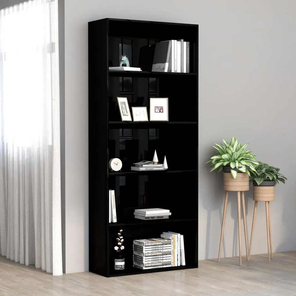 801033 vidaXL Bibliotecă cu 5 rafturi, negru extralucios, 80x30x189 cm, PAL