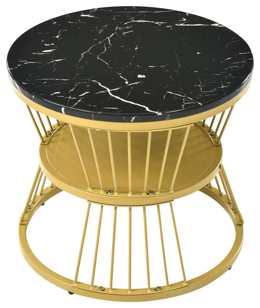 Set de 2 Măsuțe de Cafea Moderne, cu Blat cu Efect de Marmură și Cadru Metalic Auriu, Dimensiuni 70x70x47 cm și 45x45x40 cm, Negru