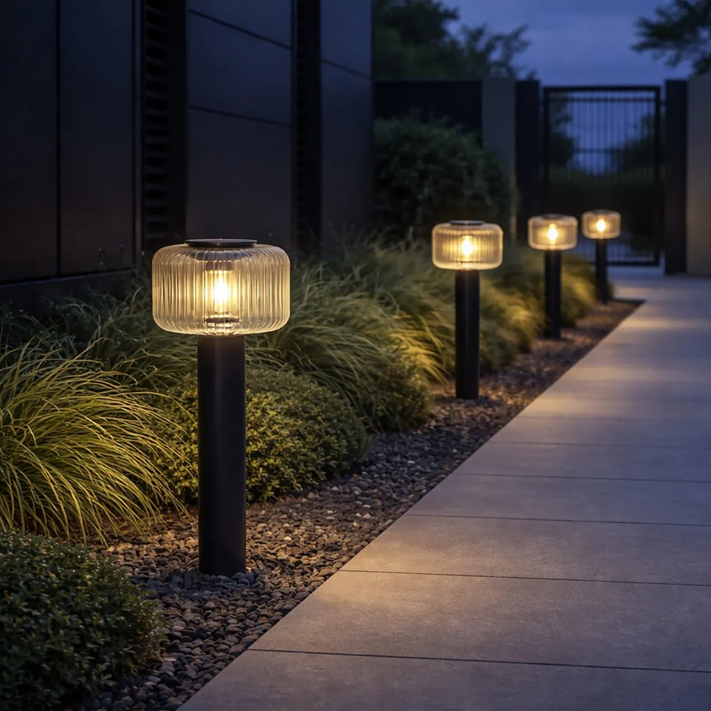 Stâlp modern de exterior negru cu sticlă canelată, cu LED solar inclus IP65 - Ribble Mushroom