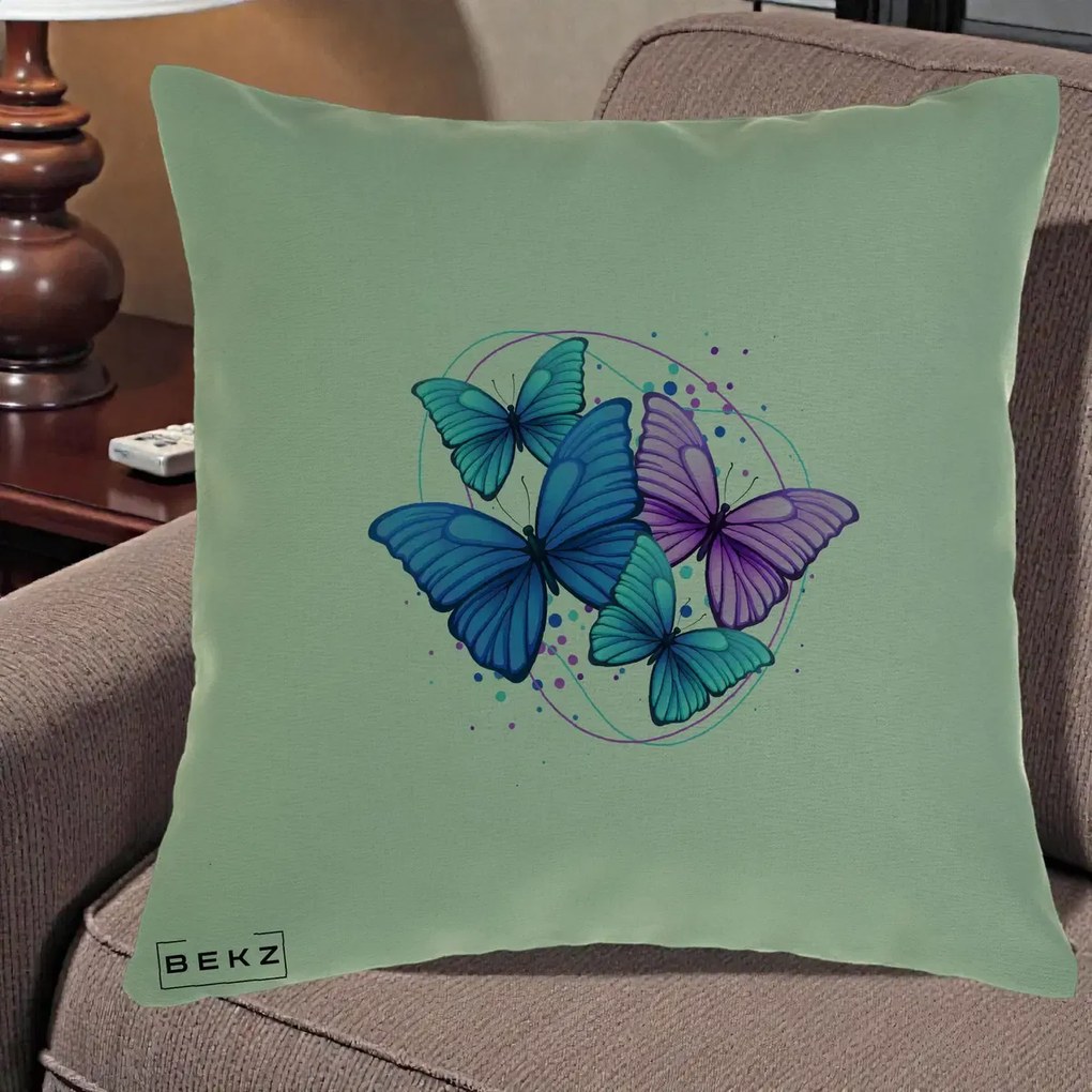 Perna Decorativa Patru Fluturi Turcoaz-Violet, 40x40 cm, Verde, Husa Detasabila, Perna Inclusa, BEKZ®