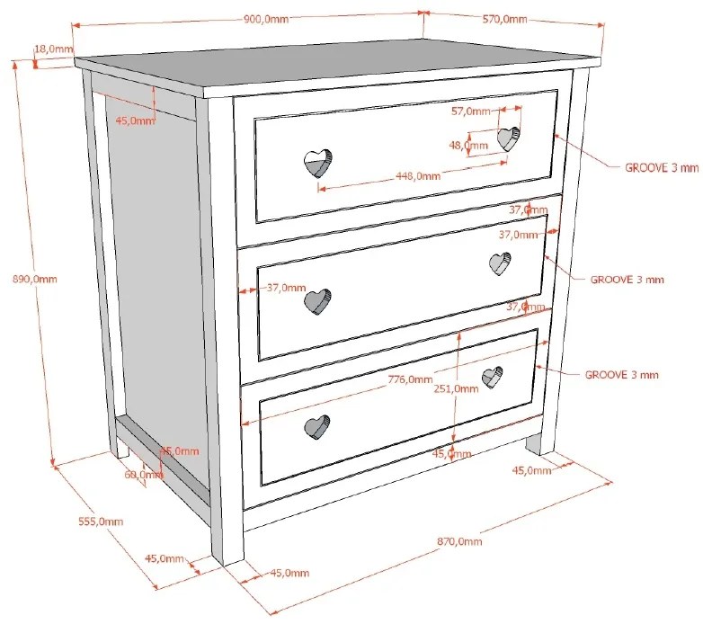 Comodă AMORI pentru Copii, Alb (Pin Masiv și MDF), Design Romantic – Vipack