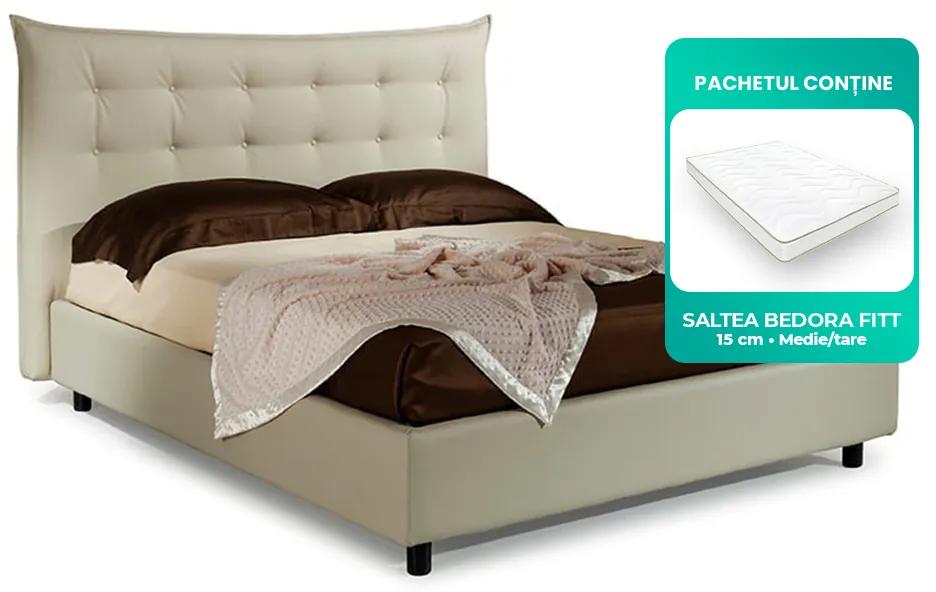 Pat Dormitor Matrimonial Bed&Sofa Debora iSomn 160x200 cm, lada de depozitare, piele ecologica, bej