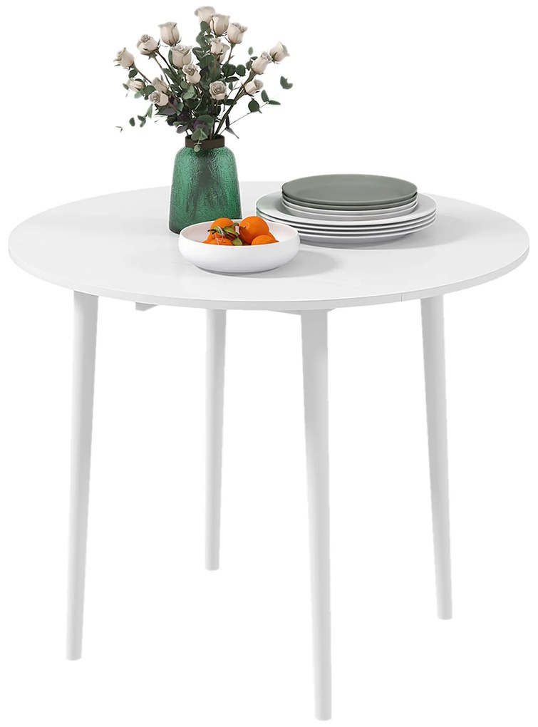 HOMCOM Masă de sufragerie pliabilă 2 abătătoare, masă rotundă extensibilă pentru 4 persoane, picioare din lemn Ø 89 x 73,5 cm, alb | Aosom Romania