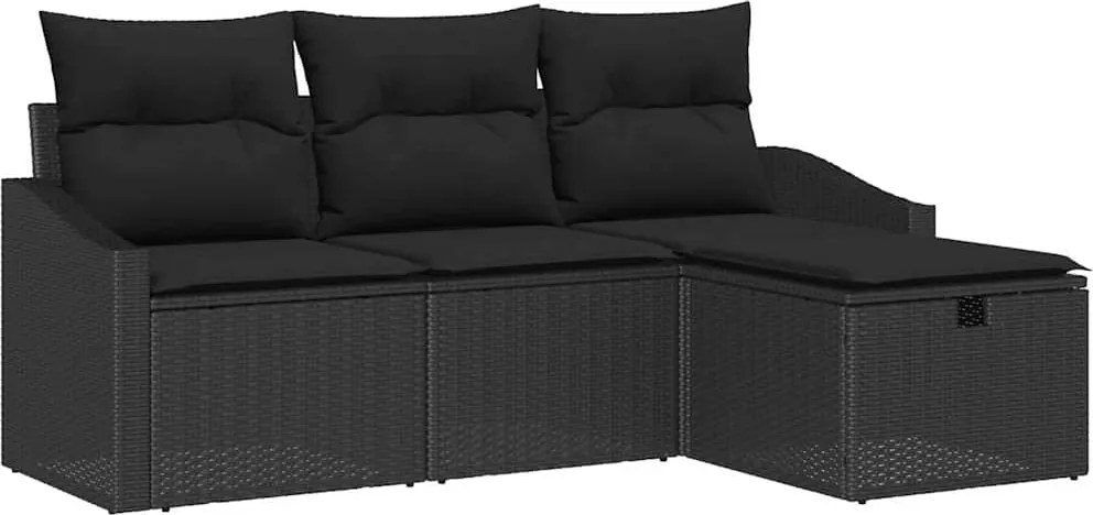 vidaXL Set de canapea cu pernă cu depozitare 4 pcs Negru poliratan