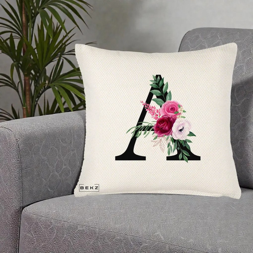 Cadou Personalizat - Perna Personalizata Monograma Florala Litera A, 40x40 cm, Crem Reliefat, Husa Detasabila, Perna Inclusa, BEKZ®