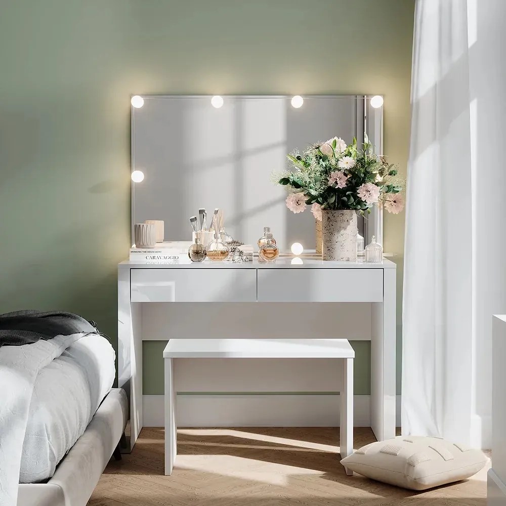 SEA812 - Set Masa toaleta, 110 cm, moderna cosmetica machiaj oglinda cu sau fără LED, masuta vanity cu sau fără Scaun - Alb Lucios