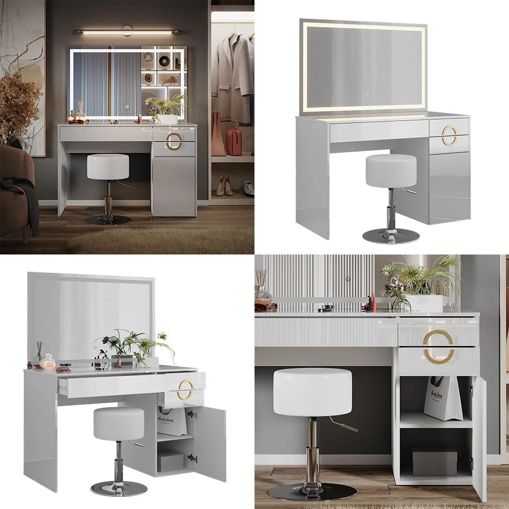 SEA442 - Set Masa toaleta, 115 cm, cosmetica machiaj, oglinda LED, masuta vanity cu sau fara scaun - Alb Lucios