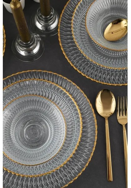 Set de masă 12 piese, sticlă transparentă cu detalii aurii